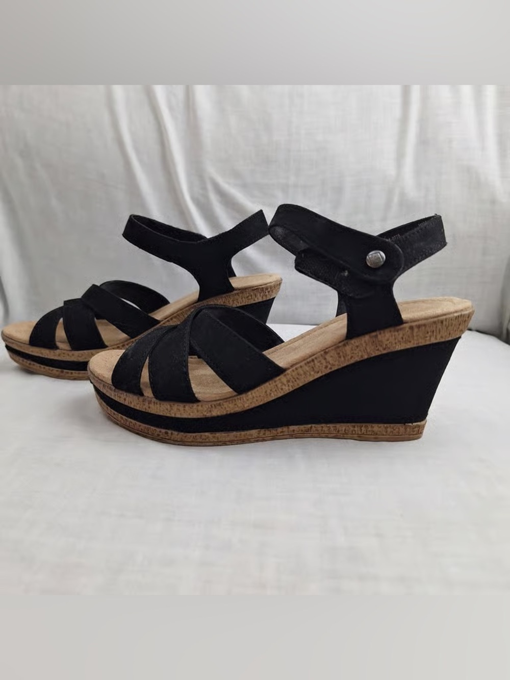 Time and Tru Black Strappy Wedge Sandals with Cork-Look Platform
